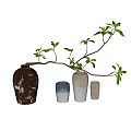 Rustic Ceramic Vases Of Different Sizes With Leafy Branch And Green Leaves