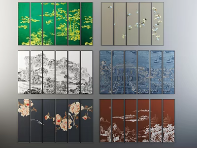 Various Multi Panel Decorative Paintings With Landscape Bird Flower And Architecture Designs 3d model