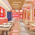 Cozy Restaurant With Pink Walls Food Posters Wooden Tables And Pink Pendant Lights