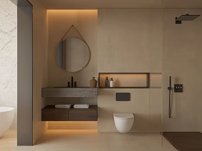 Modern Bathroom Design With Beige Walls Round Mirror Open Shelves And Wall Mounted Vanity 3d model