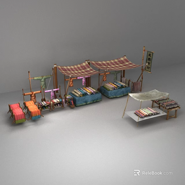 Colorful Outdoor Market Stalls With Striped Awnings Wooden Structures And Fabric Displays 3d model 