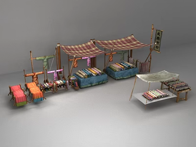 Colorful Outdoor Market Stalls With Striped Awnings Wooden Structures And Fabric Displays 3d model