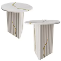 Modern Elegant Side Table with White Marble Top Fluted Column Base and Golden Line Accents