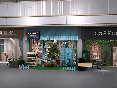 PRUNE Plant Shop Exterior With Green Plants Flowers And Coffee Area 3d model