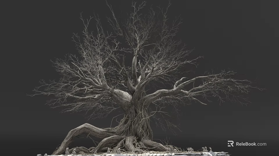 Leafless Tree With Thick Trunk Twisted Roots And Bare Branches In Gray Background 3d model 