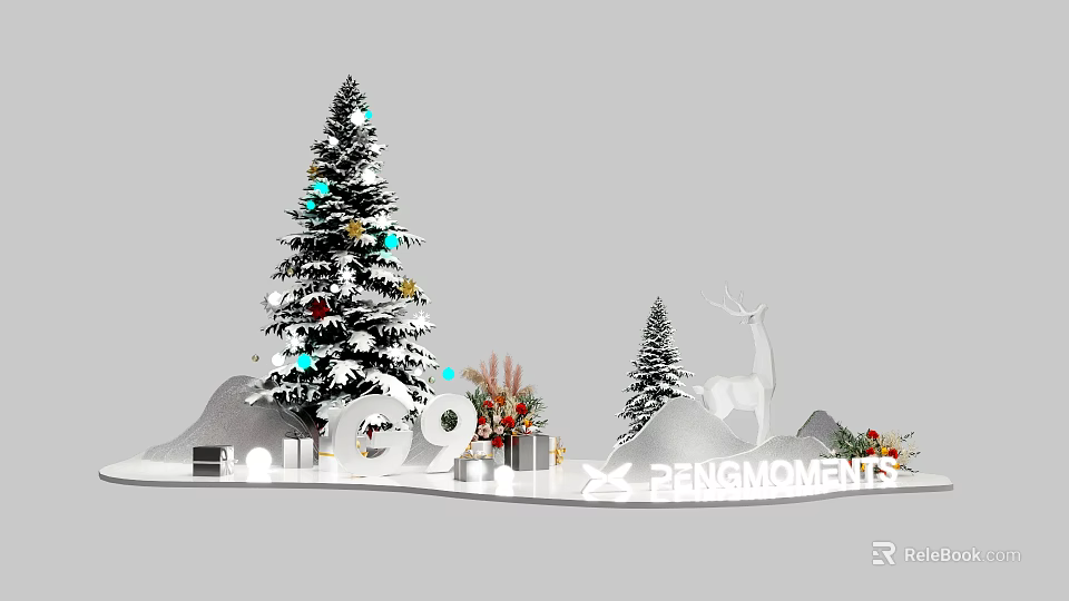 Snowy Christmas Decoration Scene With Decorated Tree Gifts Deer Ornament And Small Trees 3d model 