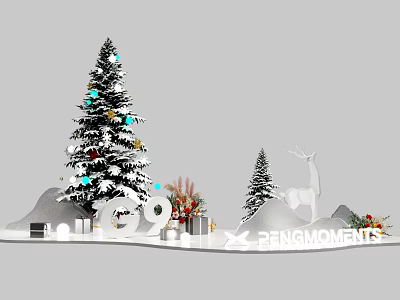 Snowy Christmas Decoration Scene With Decorated Tree Gifts Deer Ornament And Small Trees 3d model