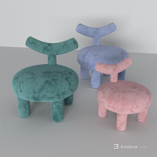 Colorful Plush Children's Chairs Three Different Colors Green Blue Pink with Round Cute Design 3d model 