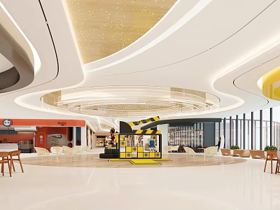 Modern Luxury Shopping Mall Store Open Layout Yellow Counter White Seats Round Ceiling Glass Partitions 3d model