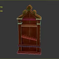 Red Wooden Decorative Shelf with Gold Accents Layered Structure and Ornate Carved Top