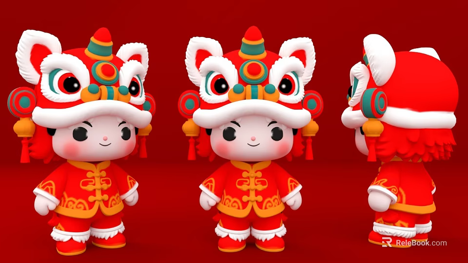Traditional Lion Dance Ornament Decoration Set With Red Outfit And Festive Design 3d model 