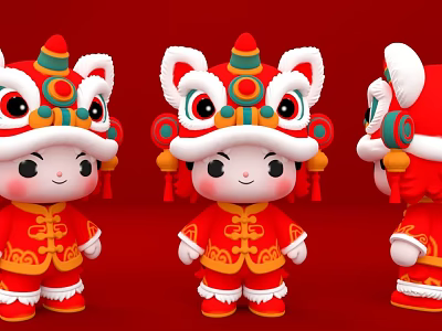 Traditional Lion Dance Ornament Decoration Set With Red Outfit And Festive Design 3d model