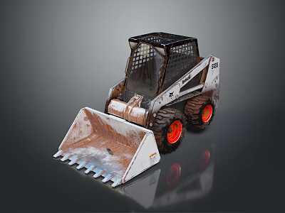 Heavy Duty Skid Steer Loader Utility Vehicle With Muddy Bucket And Red Wheels 3d model