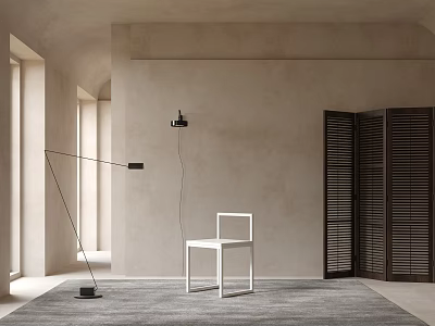Minimalist Interior With White Single Chair Floor Lamp And Slatted Door Gray Rug 3d model