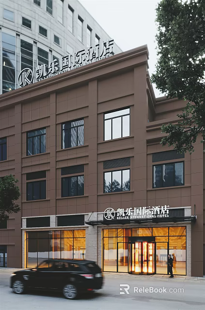 Modern Hotel Building Exterior With Brown Facade Large Windows And Architectural Design 3d model 