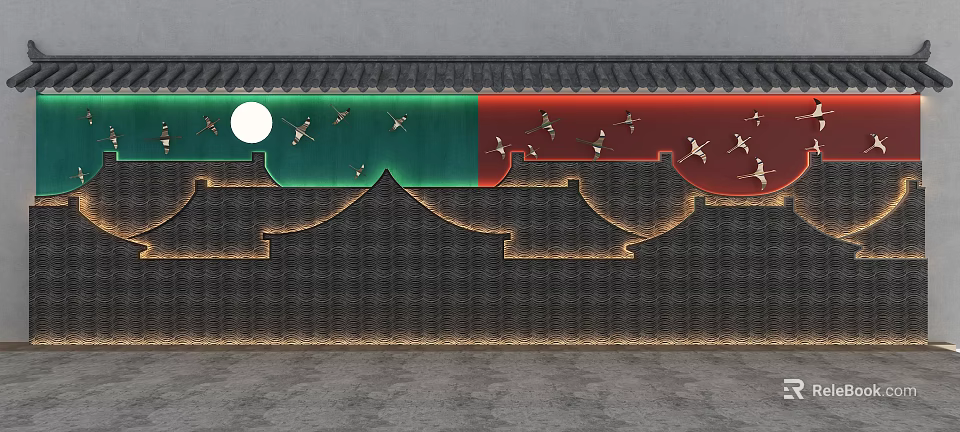 Chinese Style Wall Decor With Black Tiles Green Red Sections Moon Flying Birds Eave Structure 3d model 