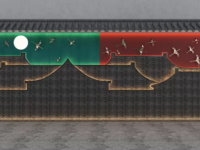 Chinese Style Wall Decor With Black Tiles Green Red Sections Moon Flying Birds Eave Structure 3d model