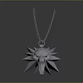 Silver Wolf Head Sculpture Pendant With Red Eyes And Star Shaped Decoration On Chain