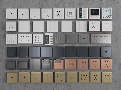 Various Colored Switch Panels with Different Styles and Designs Arranged Neatly 3d model