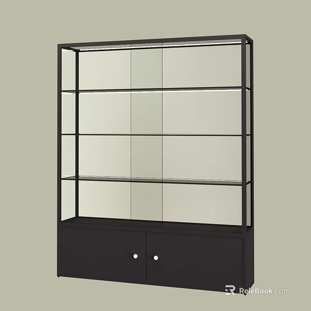 Modern Display Cabinet Shelf with Black Frame Glass Shelves and Bottom Cabinet 3d model 
