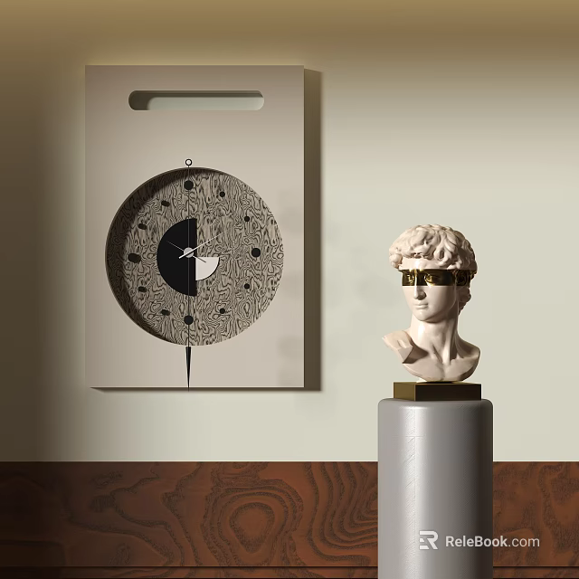 Modern Classical Sculpture Bust With Golden Sunglasses On Decorative Pedestal And Wall Art Clock 3d model 