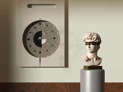 Modern Classical Sculpture Bust With Golden Sunglasses On Decorative Pedestal And Wall Art Clock 3d model