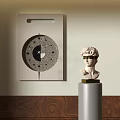 Modern Classical Sculpture Bust With Golden Sunglasses On Decorative Pedestal And Wall Art Clock