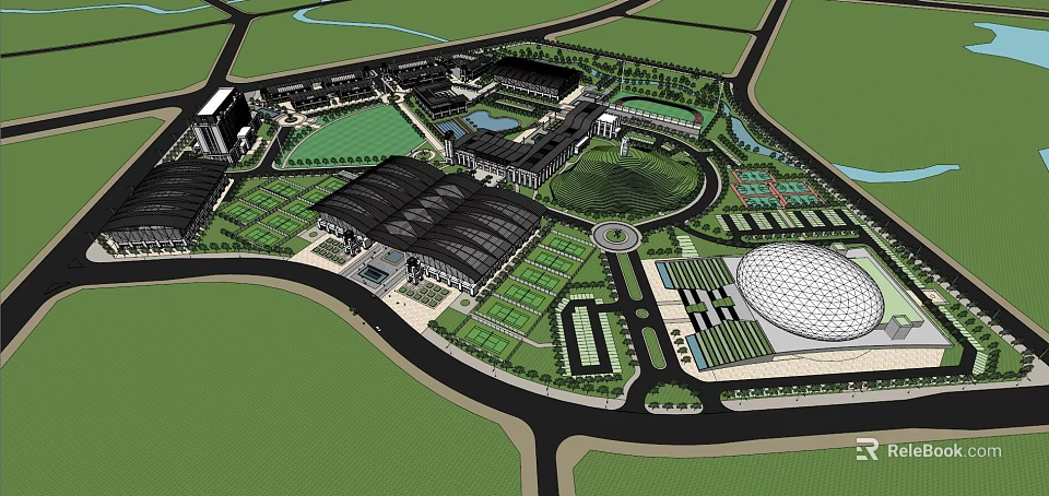 Modern Campus Complex with Multiple Buildings Green Spaces and Dome Structure 3d model