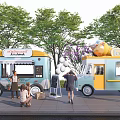 Colorful Food And Ice Cream Trucks With Outdoor Service Near Trees And Customers