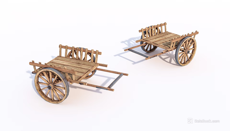 Two Vintage Rustic Wooden Carts With Large Spoked Wheels And Frames 3d model 