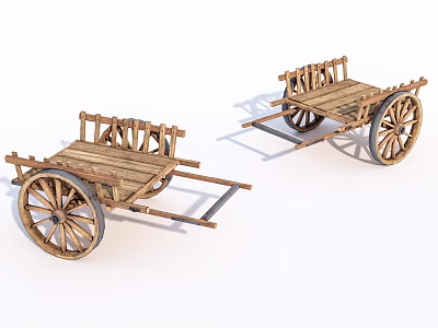 Two Vintage Rustic Wooden Carts With Large Spoked Wheels And Frames 3d model