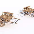 Two Vintage Rustic Wooden Carts With Large Spoked Wheels And Frames 3d model