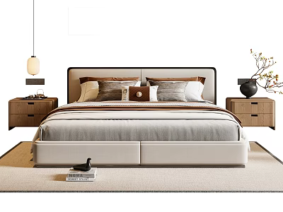 Modern Double Bed With Upholstered Headboard Pillows Nightstands Hanging Lamp And Decorative Plants 3d model
