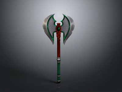 Mythical Battle Axe With Silver Blades Green Gemstone And Red Green Handle 3d model