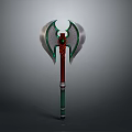 Mythical Battle Axe With Silver Blades Green Gemstone And Red Green Handle