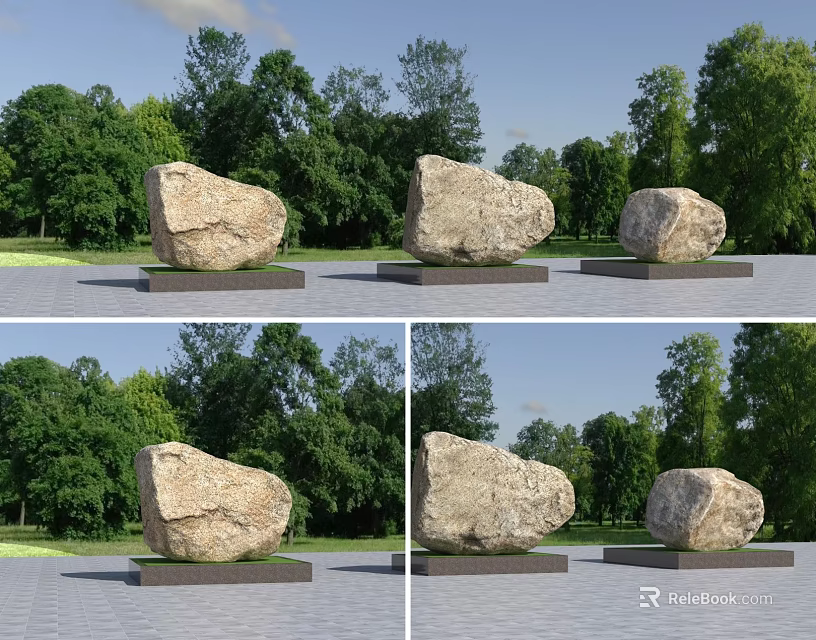 Natural Large Stones Placed On Wooden Bases In Outdoor Area With Green Trees 3d model 