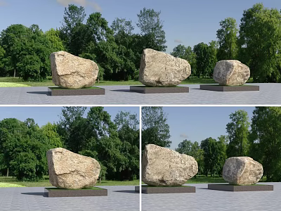 Natural Large Stones Placed On Wooden Bases In Outdoor Area With Green Trees 3d model