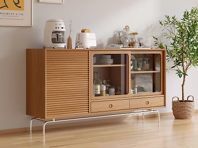Wooden Sideboard With Louvered Panel Metal Legs Glass Cabinet Coffee Machine And Potted Plant 3d model
