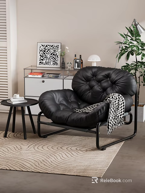 Black Leather Tufted Unique Shaped Sofa Living Room Interior With Side Table And Green Plant 3d model 