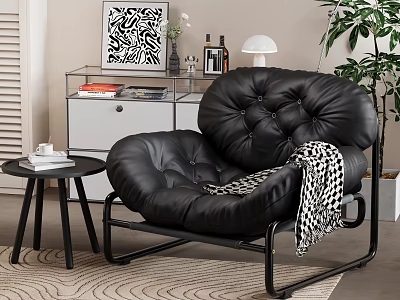 Black Leather Tufted Unique Shaped Sofa Living Room Interior With Side Table And Green Plant 3d model