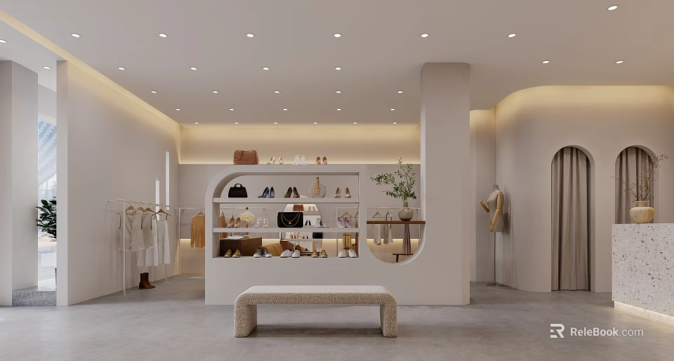 Elegant Modern Clothing Store Interior With Display Shelves Clothes Shoes And Bench 3d model 