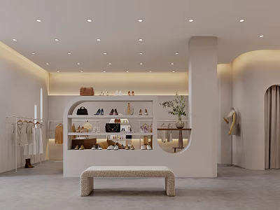Elegant Modern Clothing Store Interior With Display Shelves Clothes Shoes And Bench 3d model
