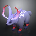 Mystical Fantasy Creature With Gray Body Red White Horns White Patterns And Red Leg Bands