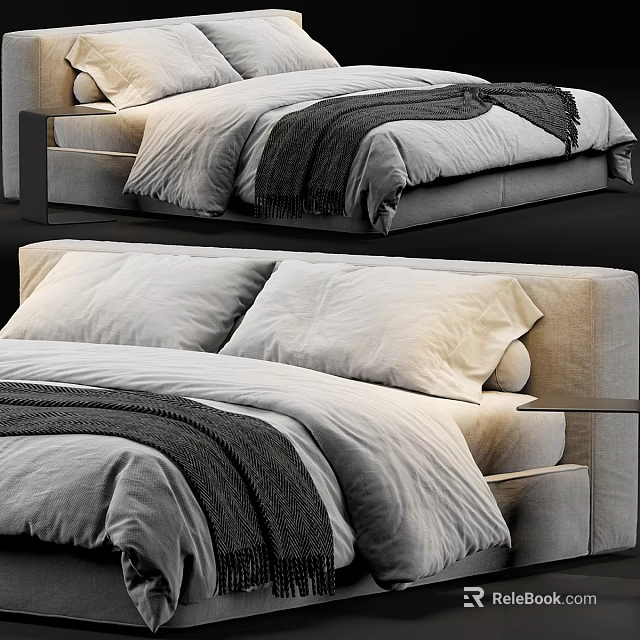 Modern Double Bed Interior With Soft Gray Bedding Black Blanket And White Pillows 3d model 