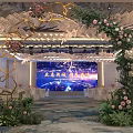 Banquet Hall Interior With Hexagon Floral Arch Yellow Chairs And White Table Skirt