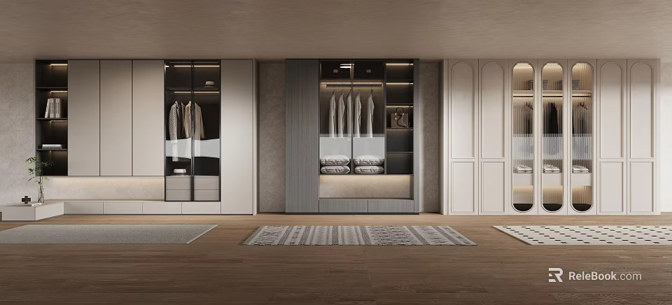 Modern Wardrobe Interior Design With Glass Doors Wooden Cabinets Hanging And Folded Areas 3d model 