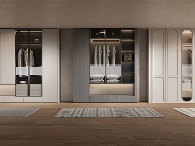 Modern Wardrobe Interior Design With Glass Doors Wooden Cabinets Hanging And Folded Areas 3d model
