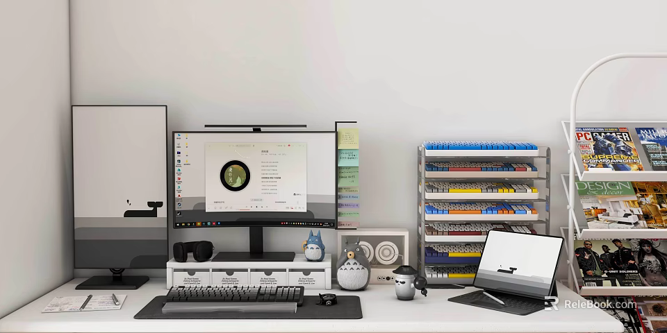 Modern Computer Workstation With Monitor Laptop Desk Accessories And Storage Rack 3d model 
