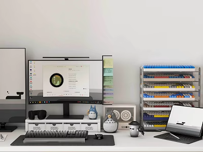 Modern Computer Workstation With Monitor Laptop Desk Accessories And Storage Rack 3d model