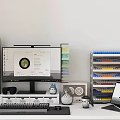 Modern Computer Workstation With Monitor Laptop Desk Accessories And Storage Rack